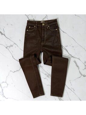 Studio R330 Saitex Denim Skinny Jeans Size 23 Waist Brown Coated Waxed High Rise